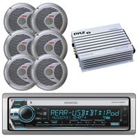 Kenwood KMR-D765BT Bluetooth CD MP3 USB AUX AM/FM Marine Boat Stereo Receiver 6x 6.5 Dual Cone Marine Speakers 4 Ch Waterproof 400 Watt Amplifier