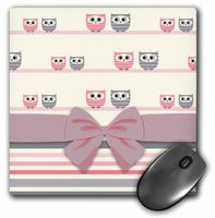 3dRose 8 X 8 X 0.25 Cute Pink And Grey Stripes Owls With Stripes And Faux Bow Mouse Pad (mp_116234_1)