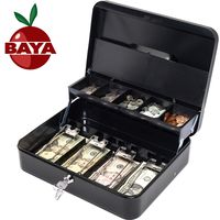 BAYA Cash Box with Money Tray | Key Lock | Tiered Coin Tray with Lid | Steel Cash/Money Storage Safe | for Petty Cash Security | 12 x 10 x 3.5 Inches | Black