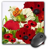 3dRose LLC 8 x 8 x 0.25 Inches Mouse Pad, Red/Green Poppies and Butterflies (mp_79438_1)