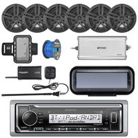Kenwood KMR-M322BT Marine Bluetooth Receiver, Radio Cover, 6X Enrock Marine 2-Way 6.5" Speakers (Black), 4-Channel Amplifier, iPhone Waterproof Arm Band, SiriusXM Tuner, Radio Antenna, Tinned Wire