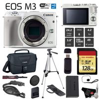 Canon EOS M3 Mirrorless Digital Camera (White, Body Only) + 128GB Class 10 Memory Card + Canon Camera Case + Full Size Tripod + Wrist Strap + Cap Keeper + Card Reader - International Version