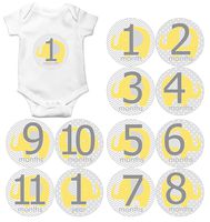 Gift Set of 12 Round Keepsake Photography Monthly Baby Stickers with Elephants in Yellow and Gray MOSB149