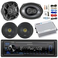 Kenwood Bluetooth AM/FM Car Stereo Receiver Bundle Combo w/2x Kicker 600-Watt 6.5 Inch 2-Way Speakers + 2 x 900W 6x9 3-Way Coaxial Speakers + 4-Channel Amplifier W/8G Installation Kit