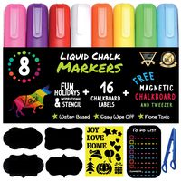 Chalk Markers by Vaci, Pack of 8 + Magnetic Chalkboard + Drawing Stencils + 16 Labels, Premium Liquid Chalkboard Neon Pens, Bullet or Chisel Reversible Tips