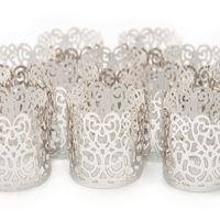 Frux Home and Yard Votive Candle Holders - Flameless Tea Light Votive Wraps- 48 Silver Colored Laser Cut Decorative Wraps Flickering LED Battery Tealight Candles (not Included)