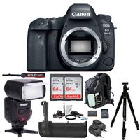 Canon EOS 6D Mark II Wi-Fi DSLR Camera Body with Battery Grip, Zoom Swivel TTL Flash, Backpack, Double 64 GB SD Card, Dloica Tripod, 2 Extra Spare Batteries Advanced Travel Bundle