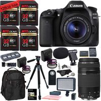 Canon EOS 80D DSLR 18-55mm is STM Camera Kit, 128 GB of Memory Cards (U3), 75-300mm Lens, Camera Bag, Ritz Gear 60" Tripod, Macro Lenses, 2 Filter Sets and Canon Warranty