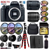 Canon EOS 77D DSLR Camera + 18-135mm USM Lens& 55-250mm is USM Lens + UV FLD CPL Filter Kit + 4 PC Macro Kit + Wide Angle & Telephoto Lens + Case + Tripod + Card Reader- International Version