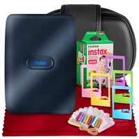 Fujifilm Instax Mini Link Smartphone Printer (Dark Denim) + Case, Fujifilm Instax Mini Twin Film (20 Exposures), Colorful Frames with Hanging Clips, Funky Frames & Fibertique Microfiber Cleaning Cloth