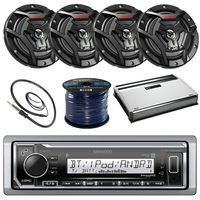 Kenwood KMR-M315BT Marine Boat Yacht Radio Stereo Receiver Bundle Combo With 4x JVC CS-DR6200M 6.5" 2-Way Coaxial Speakers + 360-Watt Amplifier + Enrock Radio Antenna + 50 Foot 16g Speaker Wire