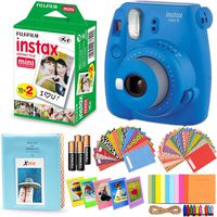 Fujifilm Instax Mini 9 Instant Camera (Cobalt Blue) + Fuji Instax Mini Instant Film Twin Pack (20 Exposures), Blue Photo Album, 4AA Batteries, 120 Assorted Mini Stickers/Hanging Frames + More