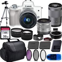 Canon EOS M50 Mirrorless Digital Camera (White) & 15-45mm STM + 55-200mm STM Lens w/EOS M Mount Adapter + 32GB Transcend Memory Card, Shoulder Bag & Essential Accessory Bundle