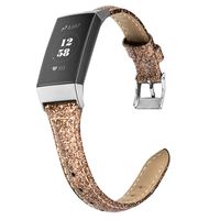 Wearlizer Compatible with Fitbit Charge 3 Bands for Women Slim Leather Replacement Fit Charge hr 3 Special Edition Rose Gold Band Accessories Strap (Glitter Coffee)
