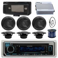 Kenwood KMRD372BT Marine Boat Audio Bluetooth CD Player Receiver W/Protective Cover - Bundle Combo with 6X Black 6-1/2'' 150W Waterproof Stereo Speakers + Enrock Antenna + 400W Amplifier + 50-FT Wire