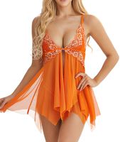 Lingerie for Women Front Closure Babydoll Lace Chemise V Neck Mesh Sleepwear (X-Large, Orange)