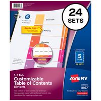 Avery 5-Tab Dividers for 3 Ring Binders, Customizable Table of Contents, Multicolor Tabs, 24 Sets (11167)