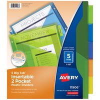 Avery Big Tab Insertable Two-Pocket Plastic Dividers, 5 Multicolor Tabs, Case Pack of 24 Sets (11906)