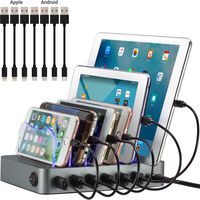Simicore 6-Port USB Charging Station with 7 Short Charging Cables for Apple & Android Phones, Tablets & Other Devices - with Blue Charging Status Light (Space Gray)
