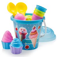 Top Race Beach Toys, Sand Toys, 16 Piece Ice Cream Mold Set for Kids 3-10 with Large 9" Beach Toy Bucket Pail for Kids and Toddlers (Blue)