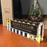 Artblox Office Desk Name Plate Personalized | Custom Name Plates for Desks on Acrylic Glass Decor | Office Desk Decor Nameplate | Desk Accessories | Sunflowers Design - (8"x2.5")