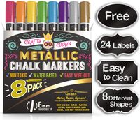 Metallic Liquid Chalk Markers - Metallic Dry Erase Marker Pens - Chalk Markers for Chalkboards, Signs, Windows, Blackboard, Glass - 6mm Reversible Tip (8 Pack) - 24 Chalkboard Labels Included