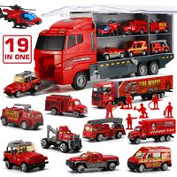 19 in 1 Fire Truck with Firefighter Toy Set, Mini Die-cast Fire Engine Car in Carrier Truck, Mini Rescue Emergency Double Side Transport Vehicle for Kid Child Boy Girl Birthday Christmas Party Favors