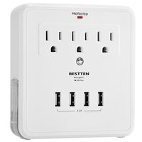 BESTTEN USB Outlet Surge Protector, 4 USB (Max 4.2A) Charging Ports and 3 AC Electrical Sockets, Wall Mount Multi Outlet Extender with 2 Slide Out Phone Holders, ETL Certified, White