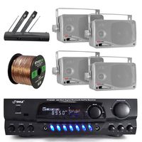 Pyle PT265BT Bluetooth 200 Watt Digital Karakoe Receiver Amplifier Bundle Combo With 4x 3'' Inch 3-Way Wall Mount Speakers + Wireless Handheld Dual Microphone System + Enrock 50 Ft 16g Speaker Wire