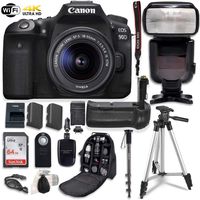 Canon EOS 90D Digital SLR Camera & 18-55mm STM Lens Bundle with Battery Grip & Professional Accessory Bundle (16 Items)