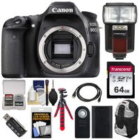 Canon EOS 80D Wi-Fi Digital SLR Camera Body with 64GB Card + Battery + Backpack + Flash + Flex Tripod + Kit