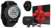 Garmin Fenix 5S Plus+ Sapphire (Black with Black Band) GPS Watch Gift Box Bundle | +Screen Protectors, PlayBetter USB Chargers & Protective Case | 2018 Model | Black Gift Box, Red Bow