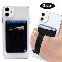 polifall Cell Phone Stick On Wallet Card Holder Sleeve Back - Double Pocket + Finger Grip Strap Loop for iPhone, Galaxy, Android, Mobile - Black