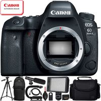 Canon EOS 6D Mark II DSLR Camera (Body Only) - 11PC Accessory Bundle Includes Professional 160 LED Video Light + Mini Condenser Shotgun Microphone + Full-Size 72" Tripod + Sling Backpack + More