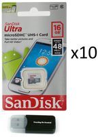 Sandisk Micro SDXC Ultra (10 Pack) MicroSD TF Flash Memory Card 16GB 16G Class 10 SDSQUNB-016G with Everything But Stromboli Memory Card Reader