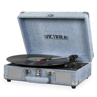 Victrola Bluetooth Suitcase Record Player with 3-Speed Turntable, Light Denim Blue Linen