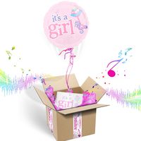 "It's A Girl" INFLATED Helium Balloon Gift Package for New MOM | Includes Coordinating Customizable Greeting Card | Floats Out of The Box and Plays a Happy Jingle When Opened