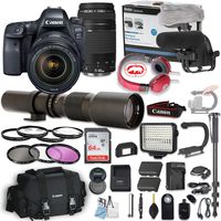 Canon EOS 6D Mark II DSLR Camera w/ 24-105mm f/4L is II USM Lens + Canon 75-300mm Lens + 500mm Preset Lens + Professional Video Accessory Bundle Includes ECKO Headphones, Microphone, LED Light & More