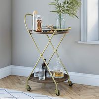 Nathan James Sage Retro, Mid-Century, Round, Rolling Bar or Serving Cart with 2-Tier Trays and Powder Coated Metal Finish, Dark Walnut/Gold