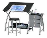 2 Piece Comet Art, Hobby, Drawing, Drafting, Craft Table with 36"W x 23.75"D Angle Adjustable Top and Stool in Silver/Black, Assembled Dimensions: 50" W x x 29.5" H