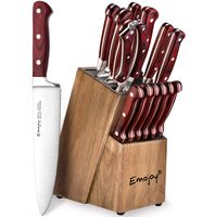 Knife Set, 15-Piece Kitchen Knife Set with Wattle-Wood Block, Manual Sharpening for Chef Knife Set, German Stainless Steel, Emojoy
