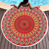 Bless International Indian Hippie Bohemian Psychedelic Peacock Mandala Wall Hanging Bedding Tapestry (Golden Red, Roundie 40")