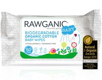 RAWGANIC Gentle Biodegradable Organic Cotton Baby Wipes, with Aloe Vera, Hypoallergenic Fragrance-Free Moist Wipes for Nappy Change, Face and Body Cleansing (Pack of 50 Wipes)