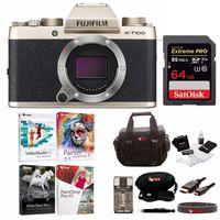 Fujifilm X-T100 Mirrorless Camera Body (Gold) w/Editing Software and Memory Card Bundle