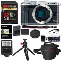 Canon EOS M6 Mirrorless Digital Camera Body (Silver), Ritz Gear Extreme SD 32GB U3 Card, Tabletop Tripod, Photo Pack, Screen Protector, Card Reader, SD SDHC, 2.0, Camera Flash, and Accessory Bundle