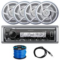 Kenwood KMR-M325BT Marine Single-DIN Digital Media Bluetooth Receiver, 4 x Pioneer TS-MR1600 6.5" Dual Cone Boat/Yacht Speakers (White), 40" Braided Cable Radio Antenna, Speaker Wire