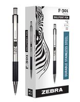 Zebra 27310 F-301 Ballpoint Stainless Steel Retractable Pen, Bold Point, 1.6mm, Black Ink, 12-Count