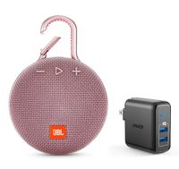 JBL Clip 3 Portable Bluetooth Wireless Speaker Bundle with Dual Port 24W USB Travel Wall Charger - Pink
