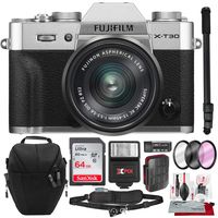 Fujifilm X-T30 4K Wi-Fi Mirrorless Digital Camera with XC 15-45mm Lens Kit - Silver with 64GB Deluxe Bundle and Travel Photo Cleaning Kit