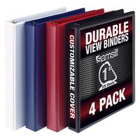 Samsill Durable 3 Ring View Binders, 1 Inch D-Ring - Holds 250 Sheets, PVC-Free/Non-Stick Customizable Cover, Black, White, Blue, Red, 4 Pack